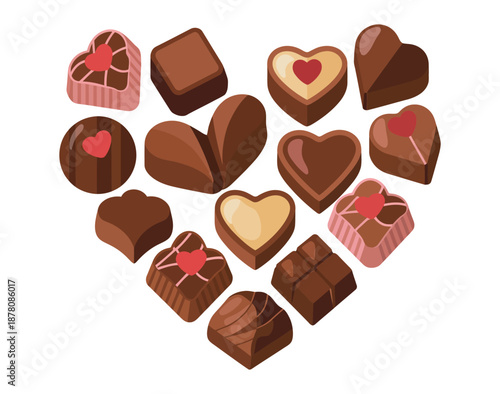 A collection of assorted chocolates arranged in a heart shape on a white background