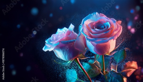 Surreal Bouquet of Pink Roses with Neon Blue Lighting and Magical Sparkling Dust Particles