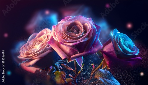 Surreal Bouquet of Pink Roses with Neon Blue Lighting and Magical Sparkling Dust Particles