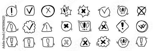  Checkbox tick cross box doodle sketches vector collection. Crayon hand written chalk grunge illustration set. Vote symbol warning attention drawing.