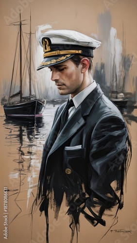 Portrait of a captain with harbour background dissolving into abstraction