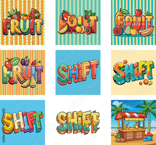 Colorful Fruit Typography and Beach Refreshment Stand Vector Illustration
