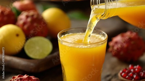 Pouring fresh juice from a pitcher into a glass with fruits on a table