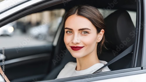 Woman sits in car and smiles at camera while driving on busy street