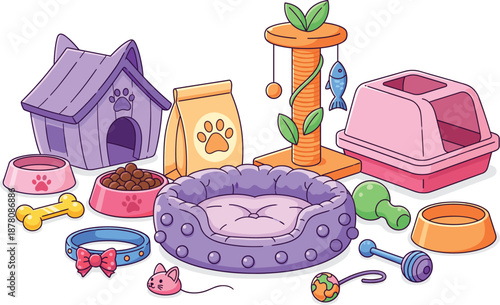 Set of colorful cartoon pet accessories including bed, toys, bowls, house, and scratching post for animal care vector illustrations