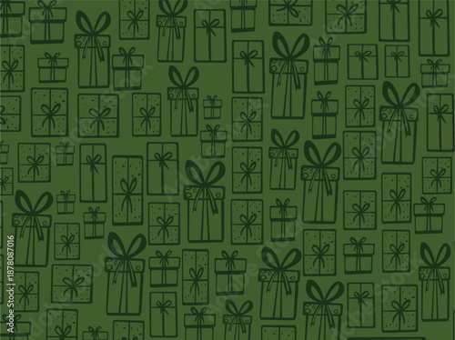 Green seamless Christmas pattern with hand drawn gift boxes and bows in repeating layout. Festive holiday background texture suitable for wrapping paper, fabric, packaging, cards and seasonal designs.