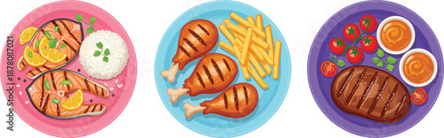 Set of delicious grilled meat and seafood plates with side dishes for restaurant menu, food illustration, and culinary vector designs