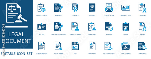  Legal Documents Icon Set. featuring contract, agreement, court order, passport, visa, affidavit, and compliance concepts for legal services.