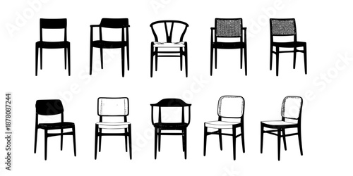 A Japandi-style dining chair with a curved wooden back and tapered legs.