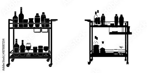A modern bar cart with two tiers, minimalist wheels, and a few glass bottle shapes.