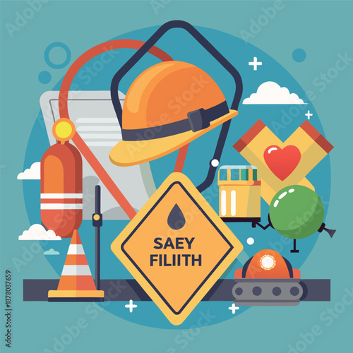 construction safety equipment, including a hard hat, magnifying glass, safety shield,