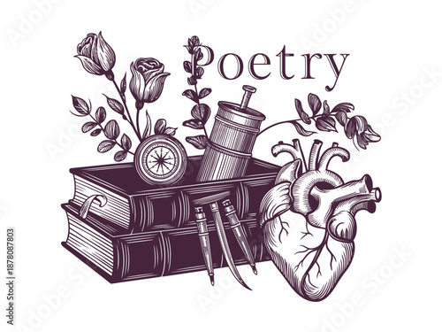 An illustration of poetry related objects including books, a heart, and flowers.