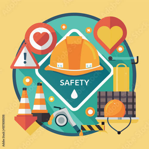 construction safety equipment, including a hard hat, magnifying glass, safety shield,