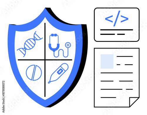 Healthcare security, medical data protection, online safety, pharmaceutical security, digital health, coding. Shield with medical symbols beside coding and document icons. Healthcare security