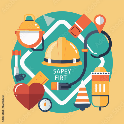 construction safety equipment, including a hard hat, magnifying glass, safety shield,