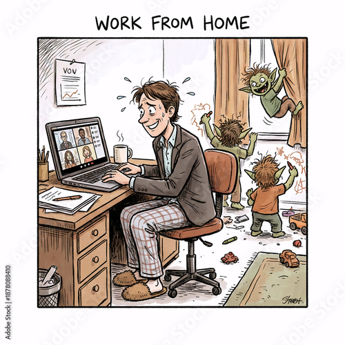 Work from home concept with father trying to work on video call while goblin children destroy the room
