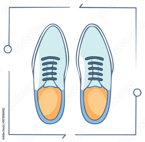 Overhead vector illustration of a pair of stylish blue and orange shoes with laces and abstract guiding lines.