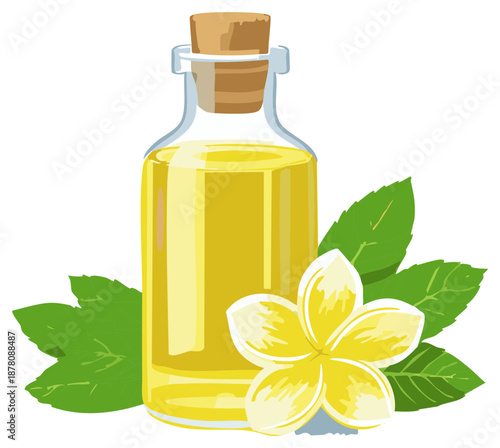 Essential Oil in Glass Bottle with Flower and Leaves Isolated on White Background