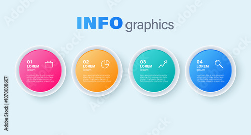 Colorful round infographic elements horizontally arranged on light background. Vector modern template for data visualization.