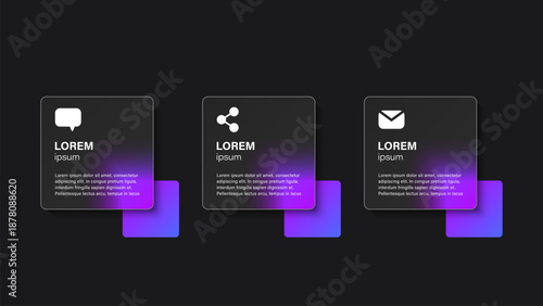 Dark glass vector modern infographics template for data visualization. Vector layout consisting of three square blocks for data entry.