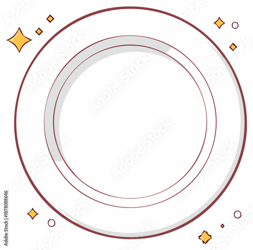 Clean White Dinner Plate with Maroon Trim and Golden Star Confetti in Cartoon Style