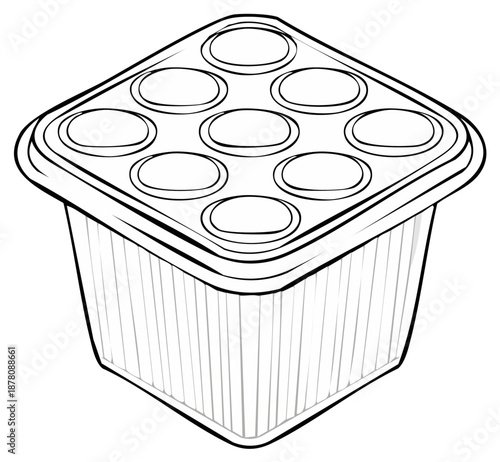Illustration of a linear drawing of a plastic food container with multiple oval compartments