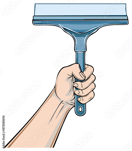 Hand holding a blue window squeegee cleaning tool, illustration graphic