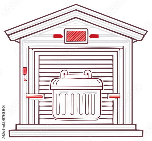 Sketch illustration of a residential garage door with safety beam sensors and an obstruction