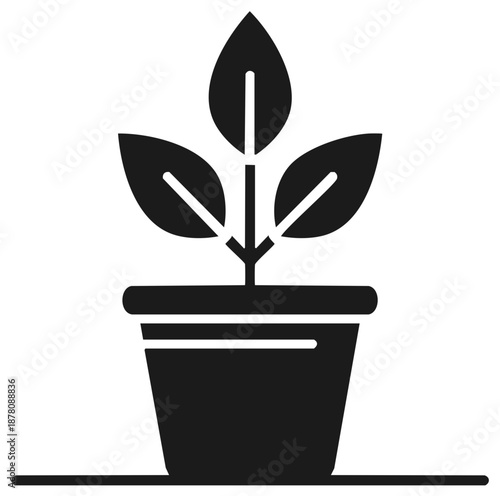 Minimalist potted plant icon. Simple silhouette of a growing seedling in a flowerpot symbol.