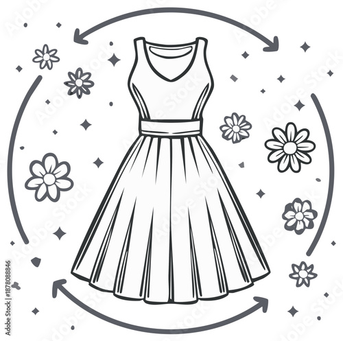 Dress sketch illustration depicting a sustainable fashion concept with a rotating lifecycle and flowers around it