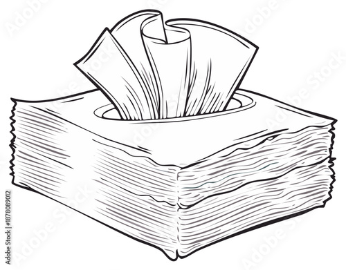 Black and white line art drawing of a facial tissue box with paper napkins