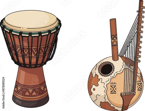 Traditional african music instruments vector illustration set featuring djembe drum and kora string instrument cultural art
