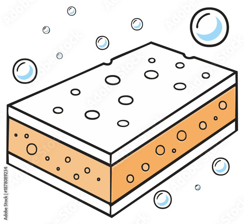Cartoon Illustration of a Cleaning Sponge with Bubbles, Household Cleaning, Cleaning Accessories