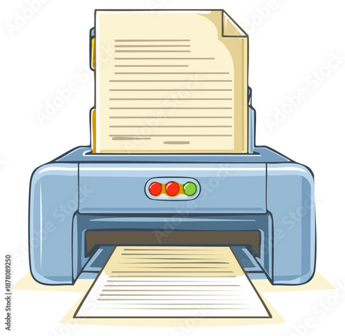 Cartoon office printer machine printing a paper document vector illustration
