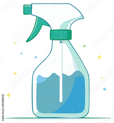 Stylized vector illustration of a cleaning spray bottle with blue liquid and sparkles