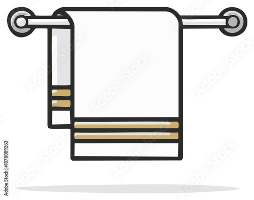 Cartoon depiction of clean towel on a mounted towel bar showing bathroom accessories for hygiene and cleanliness in home or hotels