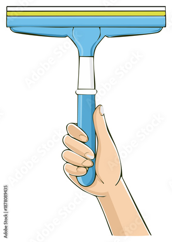 Hand holding a blue and white window cleaning squeegee. Vector graphic.