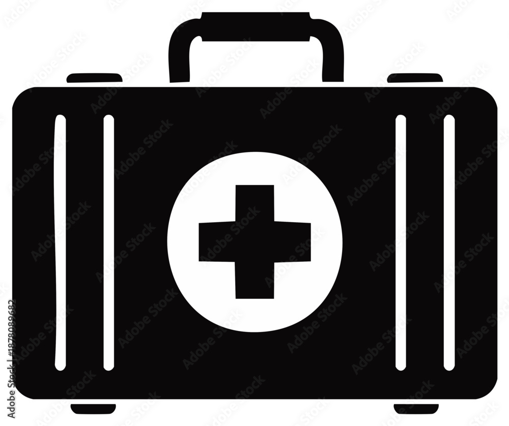 Obraz premium Black First Aid Kit with White Cross Symbol Icon Emergency Care Portable Case