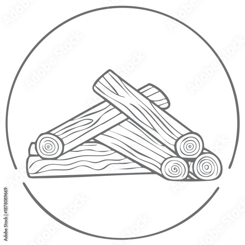 Simple line art icon of stacked firewood logs in a circle Minimalist outline drawing for camping
