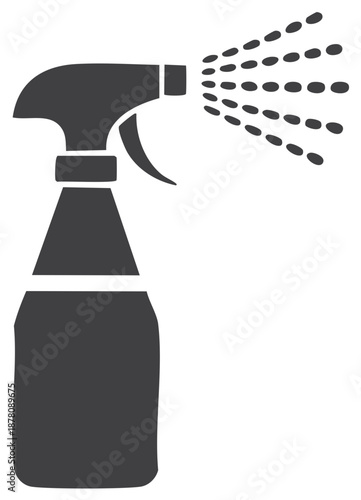 Spray bottle dispersing droplets illustration, container with trigger, spritzer for cleaning or gardening