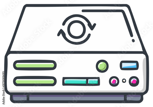 Cartoon server icon with sync symbol for data backup and storage concept
