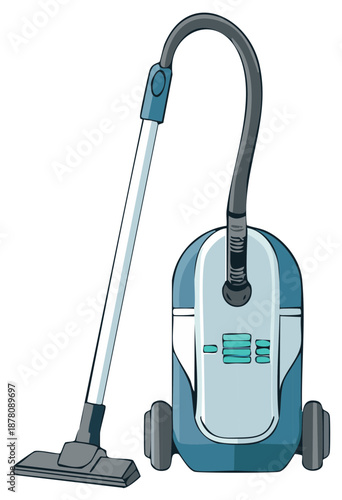 Modern Teal and Silver Cylinder Vacuum Cleaner with Hose and Floor Nozzle