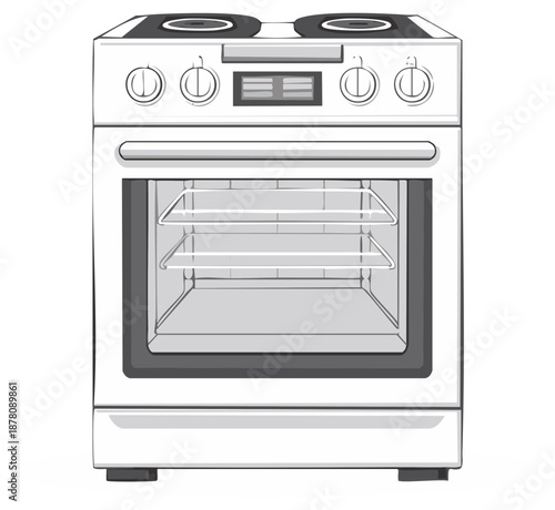 Modern white electric stove with oven and stovetop cooking elements
