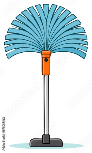 Cartoon illustration of a fan brush with a vacuum cleaner handle for cleaning