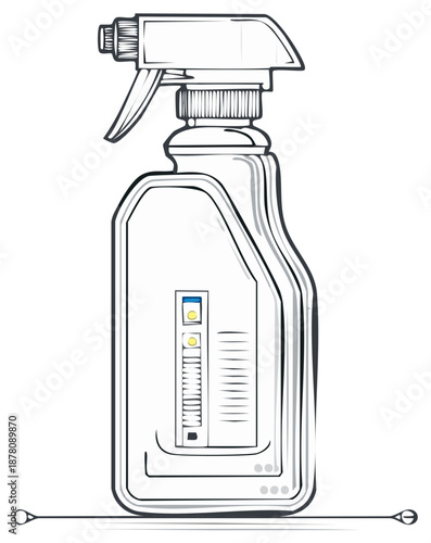 Stylized line art illustration of a household spray bottle with trigger dispenser for cleaning or liquid products