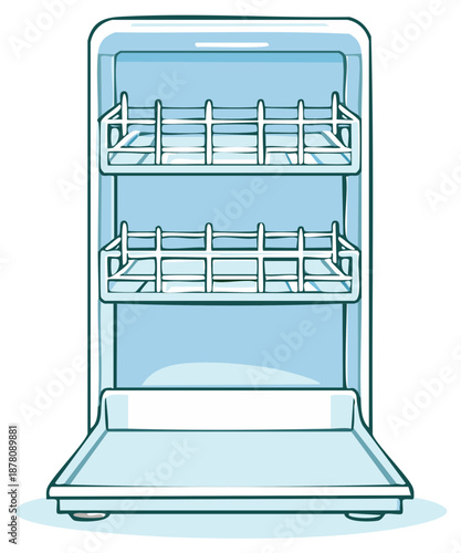Opened Empty Dishwasher with Racks and Trays Ready to Load Kitchen Utensils Dishes