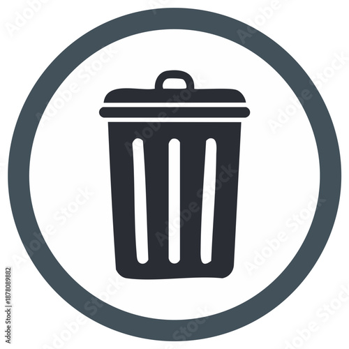 Clean dark gray trash can icon in a white circle with dark gray border