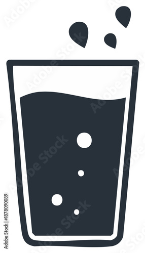 Graphic icon of a refreshing drink in a glass with splashing droplets and effervescent bubbles