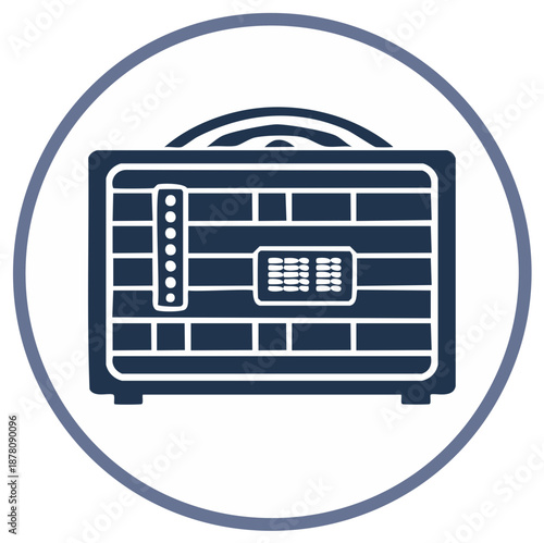 Blue retro instrument amplifier vector graphic, round emblem, musical equipment, sound effect