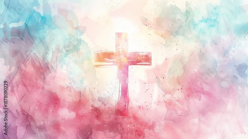 Artistic watercolor Christian cross background with copy space, holy serene uplifting pastel tones and texture. Great for Easter cards, social posts, and inspirational worship visuals.